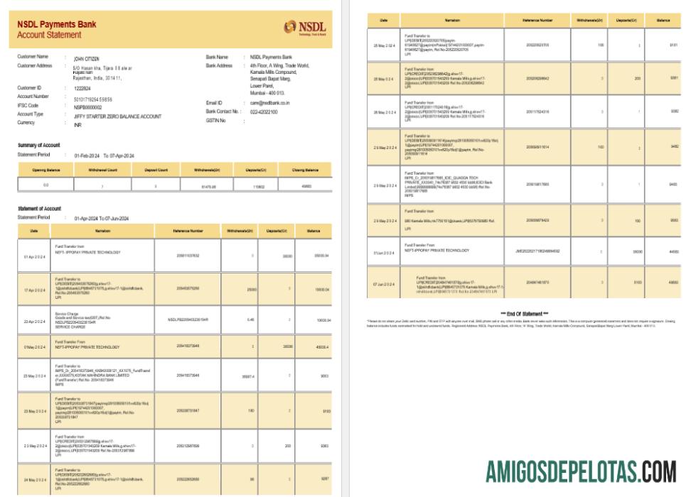 Modelo de extrato bancário NSDL da ÍNDIA para download, formato Word e PDF